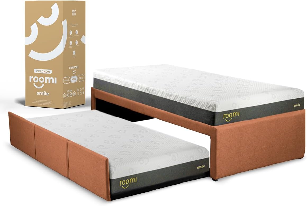 ROOMI Cama Doble Individual + Pack 2 Colchones Individuales Smile de Memory Foam | Cama Extraíble Elaborada de Madera de Pino Recubierta en Suave Tela | Color Gris
