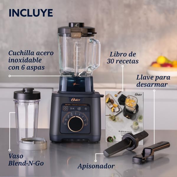 Oster Licuadora Profesional Titan de 2200 W con 4 Programas para Salsa, Sopa, Smoothie y Malteadas, 5 Velocidades, Vaso de Vidrio 2.5 L, Cuchilla de Acero Inoxidable, más Vaso Portátil, BLSTXT-XG