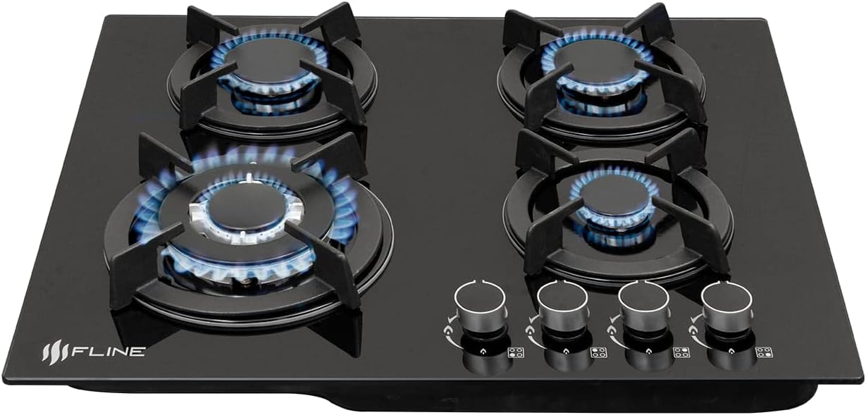 FLINE Parrilla de Gas Empotrable 4 Quemadores | Vidrio Templado | Estufa Eléctrica Empotrable | Parrilla Inducción | Estufas de Gas de Mesa | Quemadores, 4 Parrillas