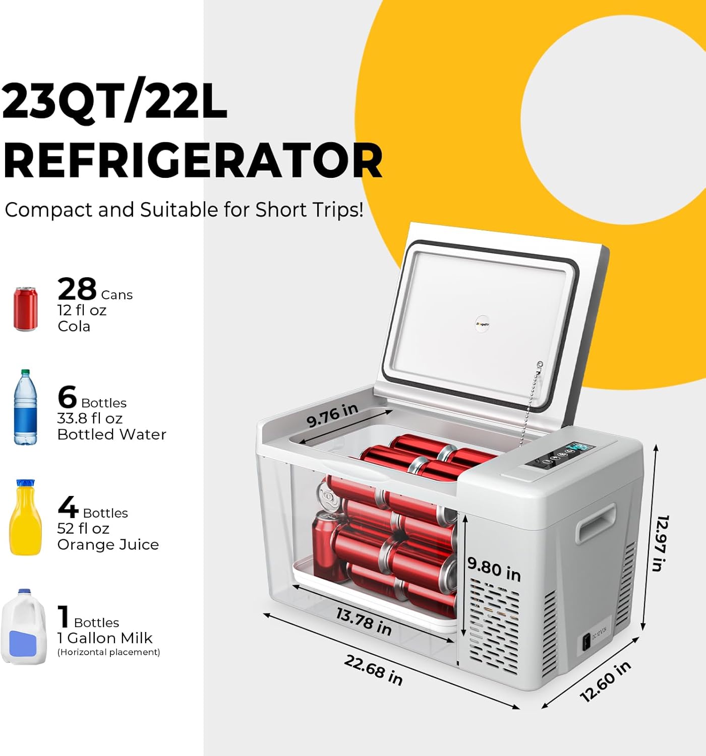 BougeRV Refrigerador de 12 voltios Nevera de coche 12v enfriadero de compresor congelador portátil de 23 cuartos 12 / 24V DC 110 ~ 240 Voltios AC para camión Van RV Jeep Camper SUV Barco Camping Viajes por carretera Tailgating -7 ℉~50 ℉