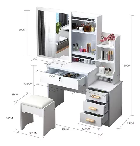 Tocador Multifuncional Moderno Con Espejo, Silla Y 4 Cajones
