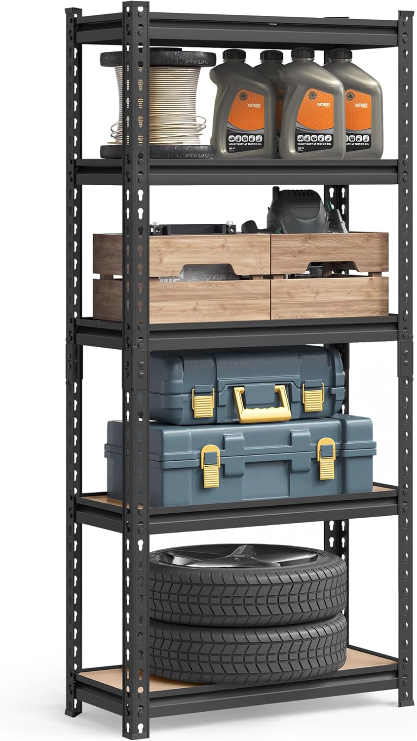 SONGMICS Estantería de Almacenamiento de 5 Niveles, Montaje sin Tornillos, Estantes Ajustables, 45 x 90 x 180 cm, Marrón Rústico y Negro MGLR450BZ02.