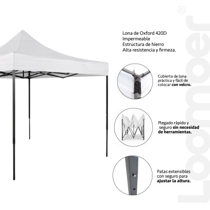 Combo Toldo Blanco 3x3 + 2 mesas plegables negras verona 1.80