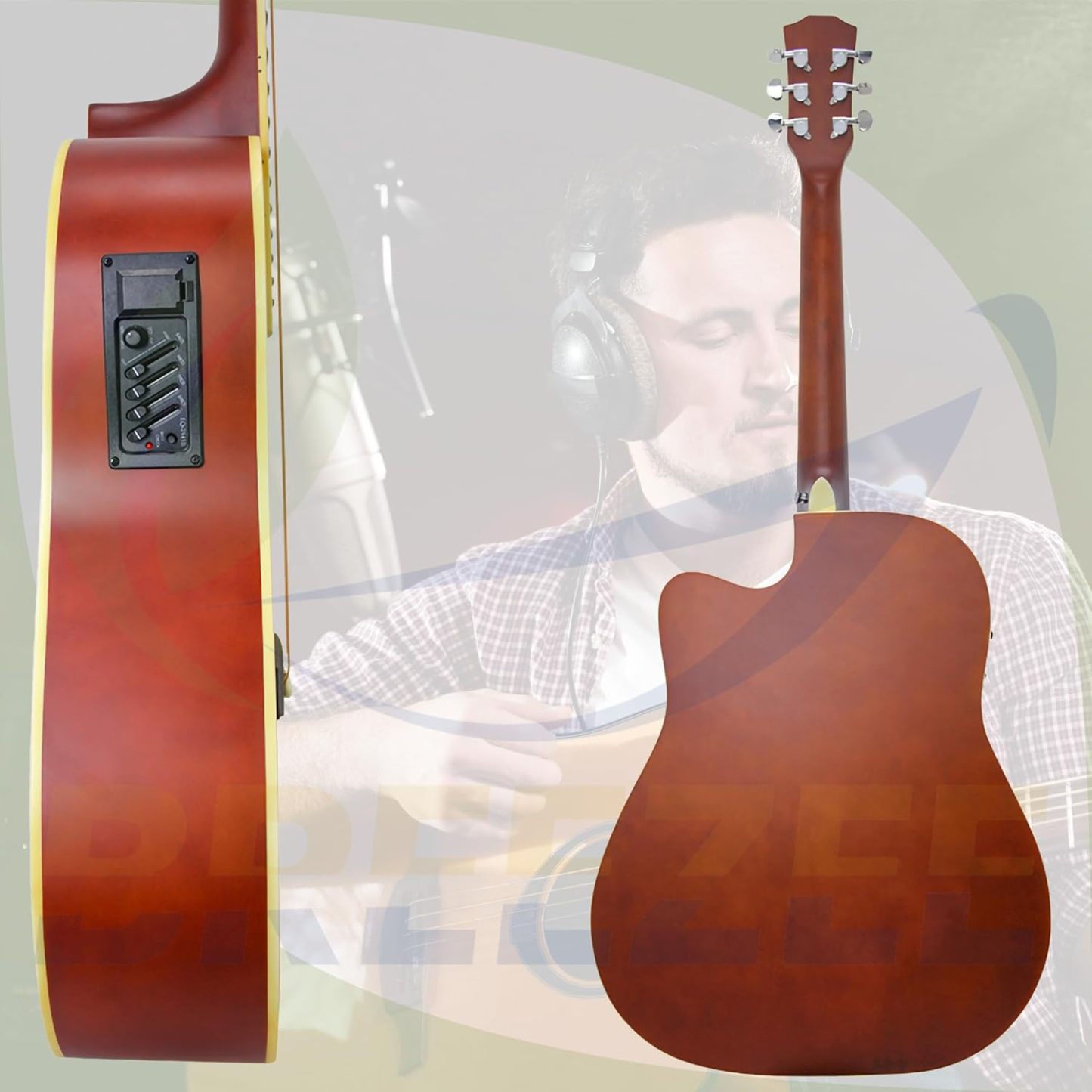 BREEZEE Guitarra Electroacústica de 41 Pulgadas con Cuerdas de Metal, Ecualizador de 4 Bandas, Incluye Funda, Afinador, Cuerdas Extra, Cable Auxiliar y Más, Guitarra Para Expertos Y Principiantes