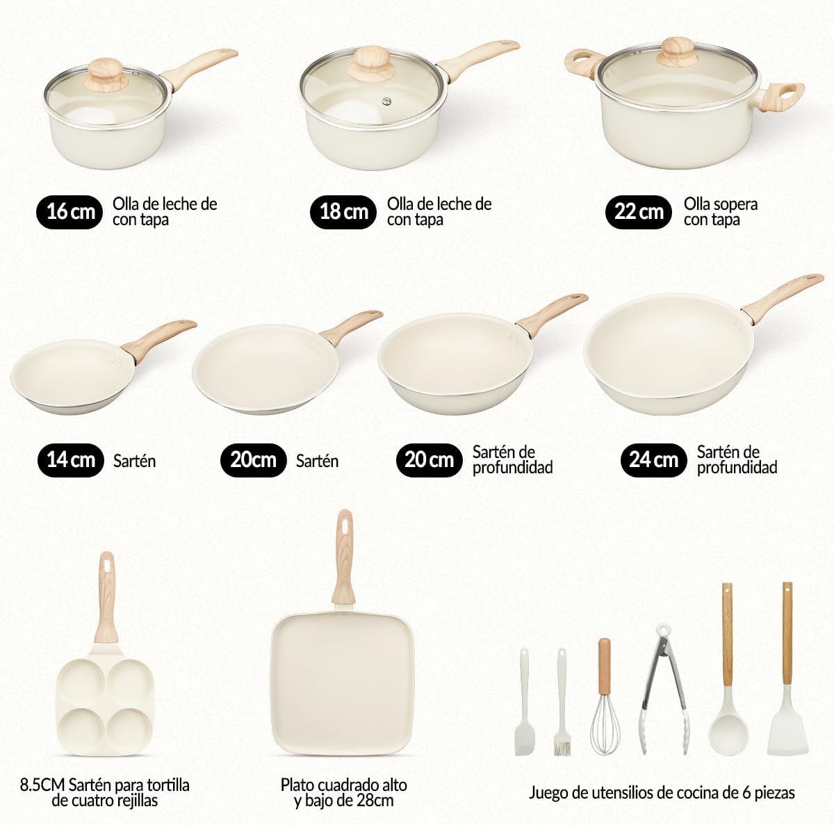 Sartenes Antiadherentes 18 Piezas, Bateria de Cocina, Juego de Sartenes de Induccion, Juego de Ollas y Sartenes, Fácil Limpieza, con Sartenes libres de PFOS y PFOA, Apto Para Todas Las Estufas