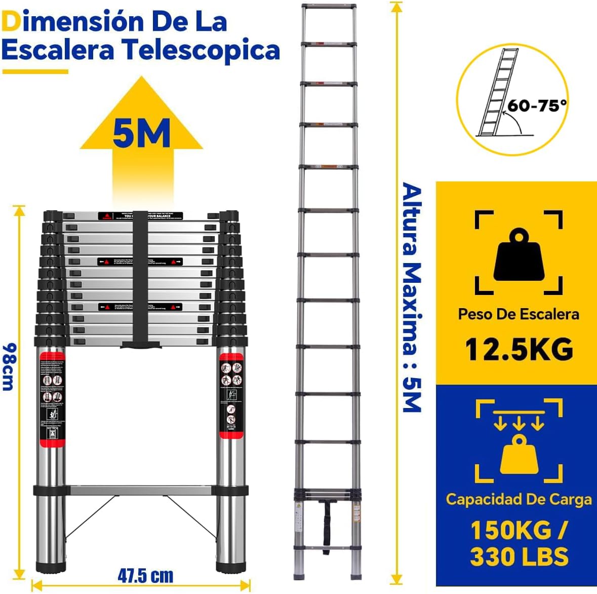 Bowoshen Escalera Telescópica De 6.2 Metros Escalera De Aluminio Segura Y Protegida Antideslizante Multiusos Escalera Extensible 20.5 Pies, 330 Libras Capacidad