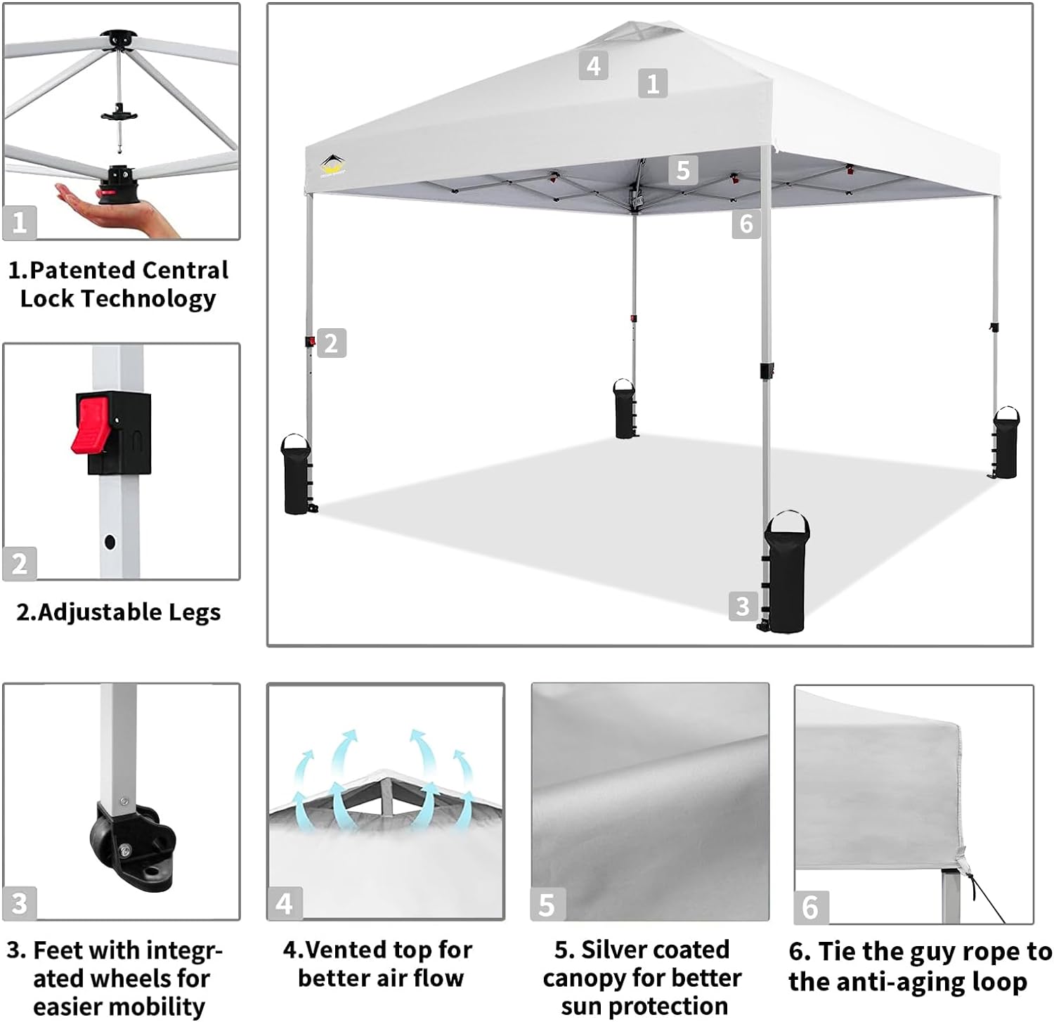 CROWN SHADES - Toldo desplegable para la Playa, fácil de armar, para el Aire Libre, Eventos, Fiestas, Campamento, Cubierta STO-N-Go, Parte Superior recubierta de Plata, 10 x 10 Pulgadas, Blanco