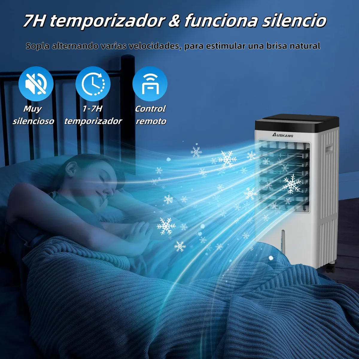 Auskang Aire Acondicionado Portátil 10L - 4 en 1 Enfriador de Aire,Ventilador de Frío Portátil Silencioso con 3 Cajas de Hielo,Control Remoto y Temporizador para Dormitorio Habitación Oficina