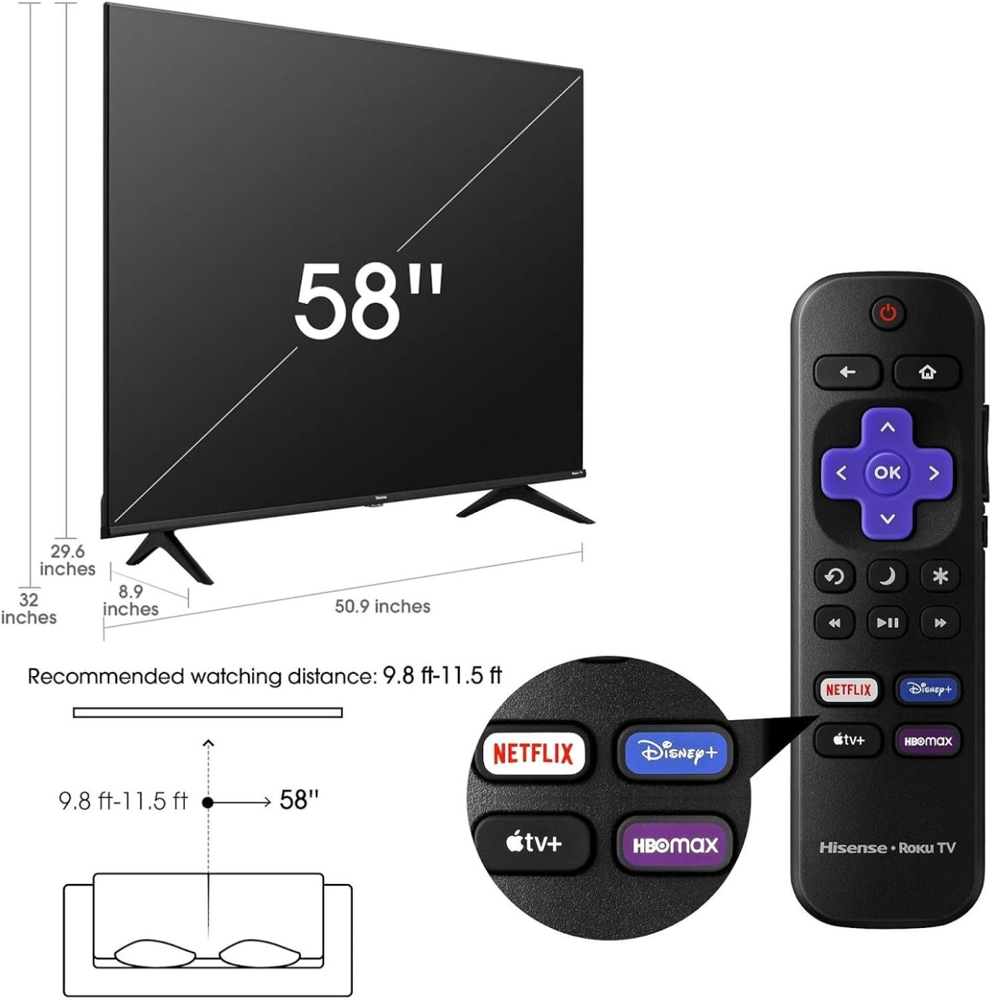 Hisense Televisión 2020 4K SmartTV Led con Sistema Roku, Compatible con Google Assistant y Alexa, Motion Rate 120, HDR10, DTS Studio Sound(58R6E3/58)(Reacondicionado)