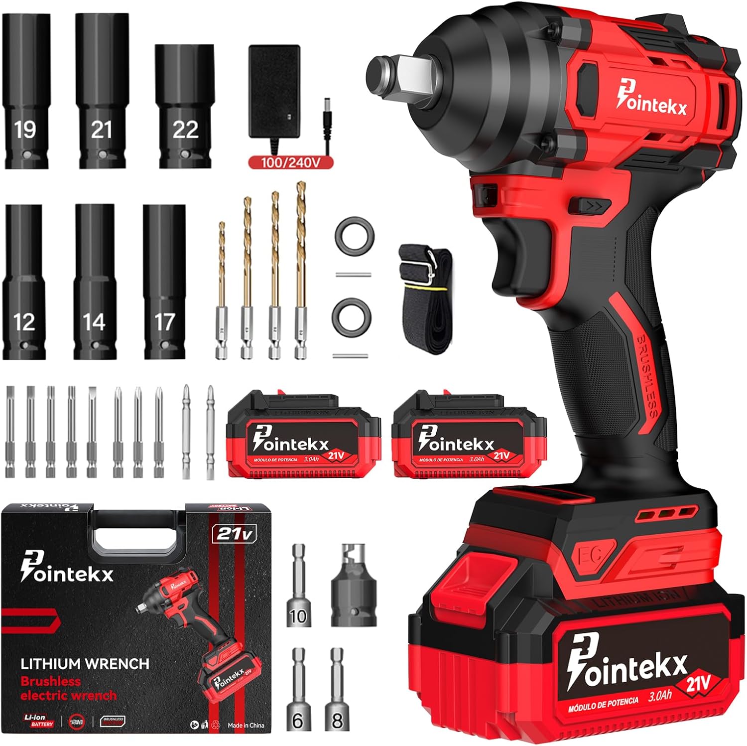 POINTEKX Pistola de Impacto 1/2" Inalambrica, 450N.M Llave de Impacto con Motor sin Escobillas, 2 * 3.0Ah Baterías Taladro de Impacto para Tornillos M6-M14, para Bricolaje y Reparación de Autos