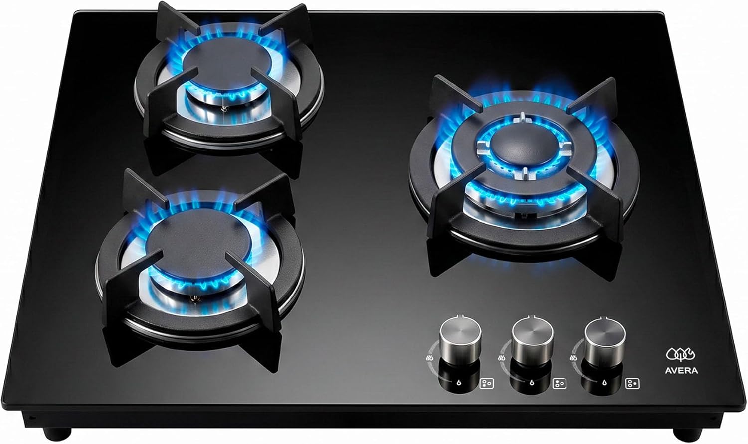 AVERA Parrilla de gas 3 quemadores Premium, Superficie de vidrio templado 60 cm, Soportes Hierro fundido, Encendido Electronico, Estufa Empotrable para Gas LP y Natural, Incluye espreas | VT3