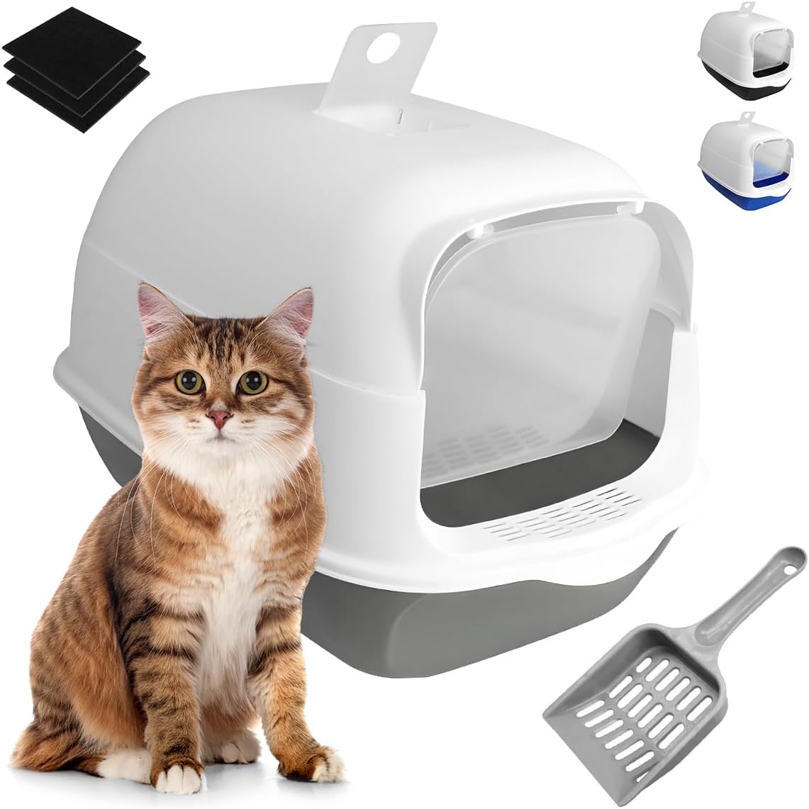 Raganet, Arenero/Inodoro para Gato Cerrado de 50cm X 35cm X 33cm, Caja de Arena para Gatos con Tapa y Puerta Abatible, Antiolores, Facil de Limpiar, Incluye Pala (Gris)