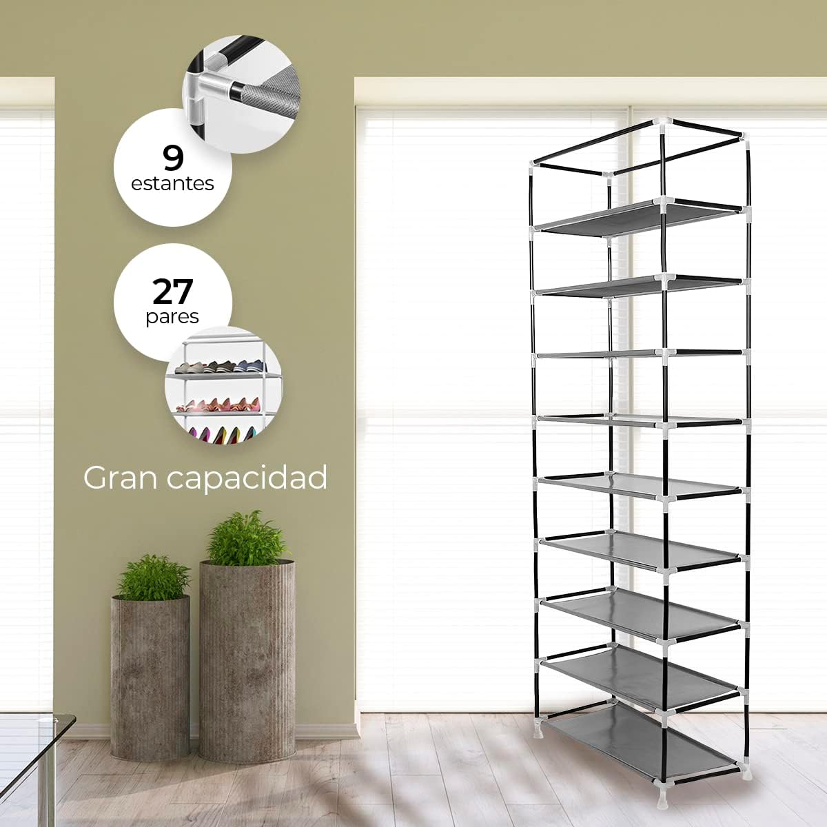 Raganet, Zapatera de 9 Niveles, Closet Plegable para Calzado y Prendas de Vestir, Estante Organizador Ajustable (Negro)