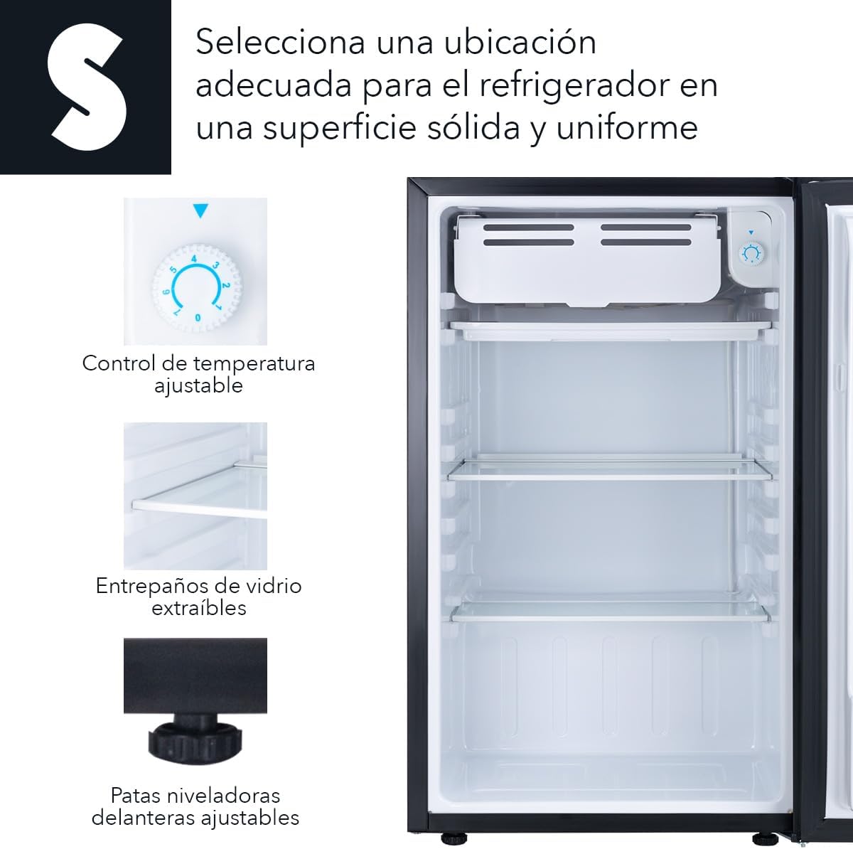 SIGNA Frigobar 90.4L (3.2 pies cubicos) Mini Refrigerador Compacto Negro Refrigerador Pequeño Con congelador de Acero Inoxidable Ideal Para Espacios Pequeños Frigobar Mini Multifuncional (90.4 Litros)
