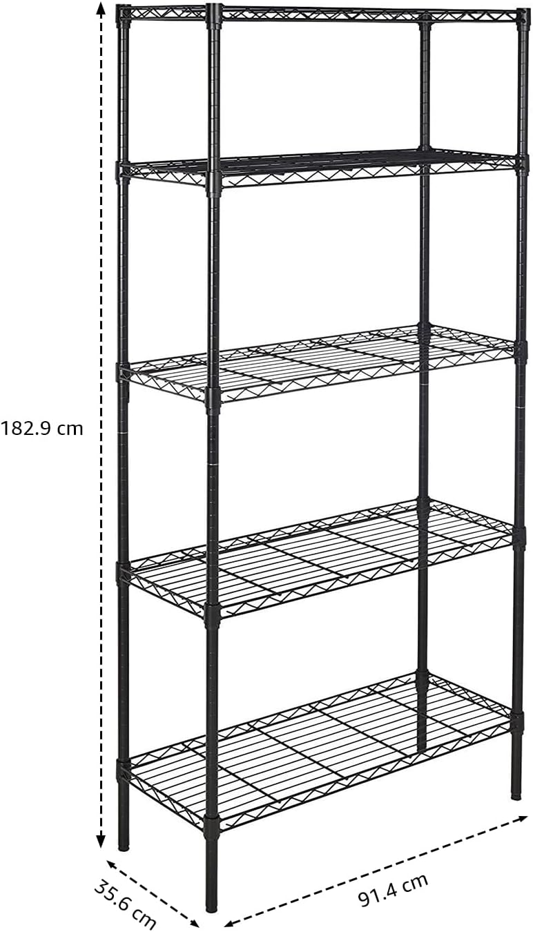 Basics - Estantería de almacenamiento ajustable de alambre de acero resistente de 5 estantes para cocina, garaje, 92 cm de largo x 36 cm de ancho x 183 cm de alto, negro