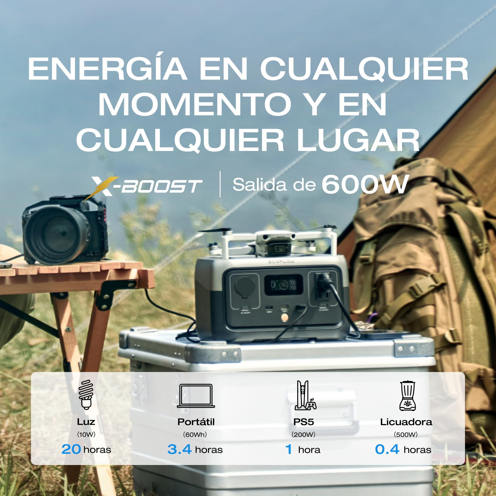 EF ECOFLOW Central elÃ©ctrica portÃ¡til RIVER 2 Negro, Panel solar 45 W, BaterÃ­a LiFePO4 256 Wh, Salida hasta 600 W, Generador solar portÃ¡til para acampar al aire libre/RVs/uso domÃ©stico