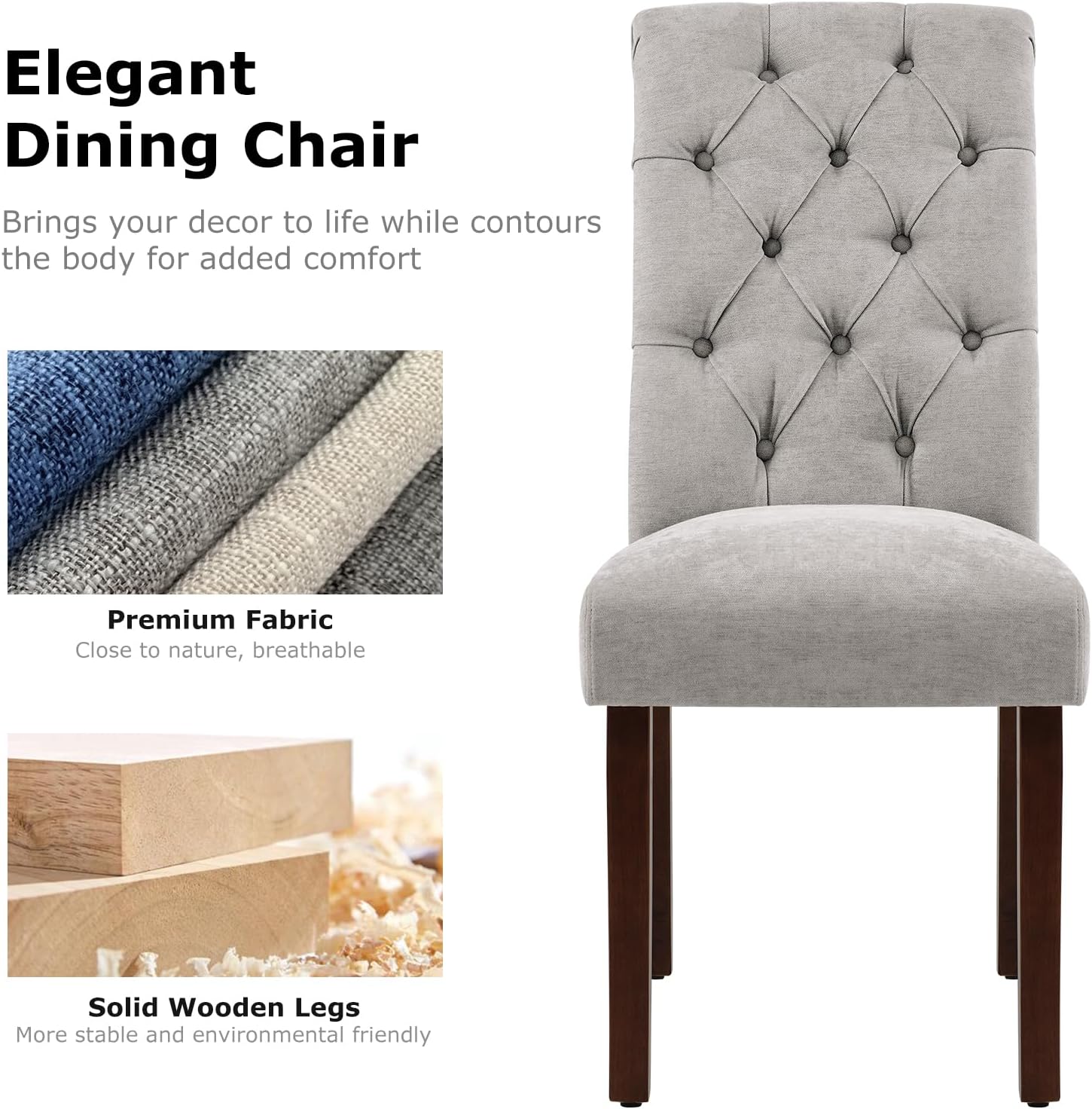 COLAMY - Juego de 6 sillas de Comedor con Botones y tapizadas, con Patas de Madera Maciza y Asiento Acolchado para Comedor, Cocina, Color Gris
