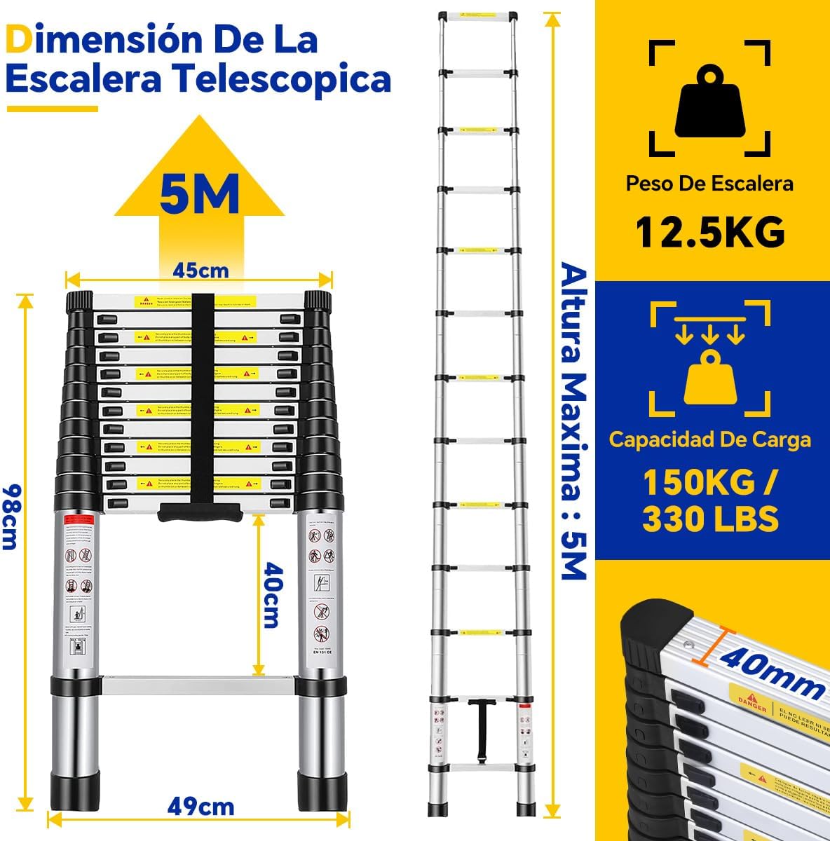 Bowoshen Escalera Telescópica De 6.2 Metros Escalera De Aluminio Segura Y Protegida Antideslizante Multiusos Escalera Extensible 20.5 Pies, 330 Libras Capacidad