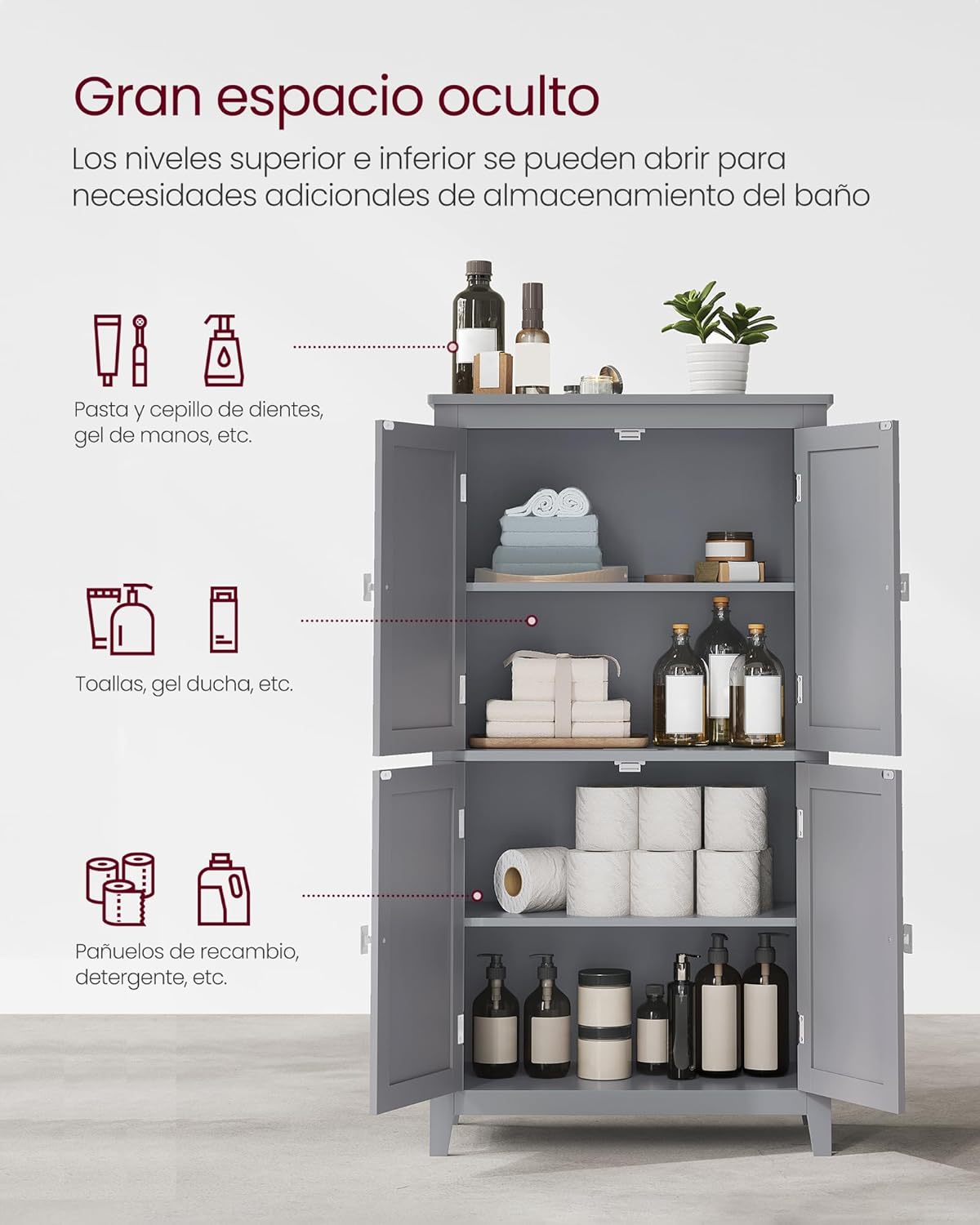 VASAGLE Mueble de Baño, Armario de Baño, Armario de Cocina, con 2 Puertas y 2 Cajones, Estantes Ajustables, 30 x 60 x 110 cm, Gris Paloma MBBC551G02