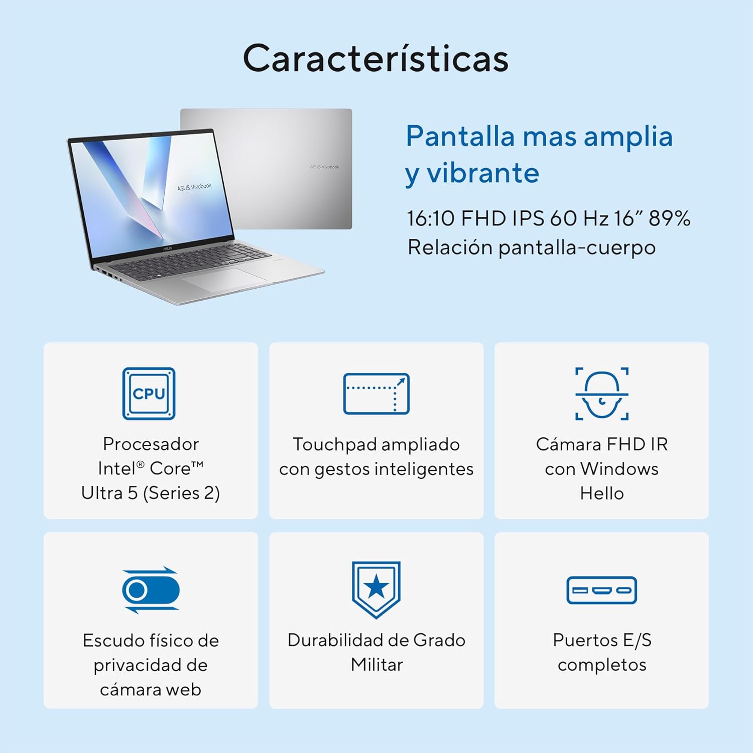 ASUS Vivobook 16 con IA, Intel Ultra 5 Serie 225H, 14 Nucleos/AI Boost NPU 13TOPS/16 GB RAM/512 GN SSD/Cargador 65W USB-C/Teclado en español/Garantia con la Marca en Mexico.