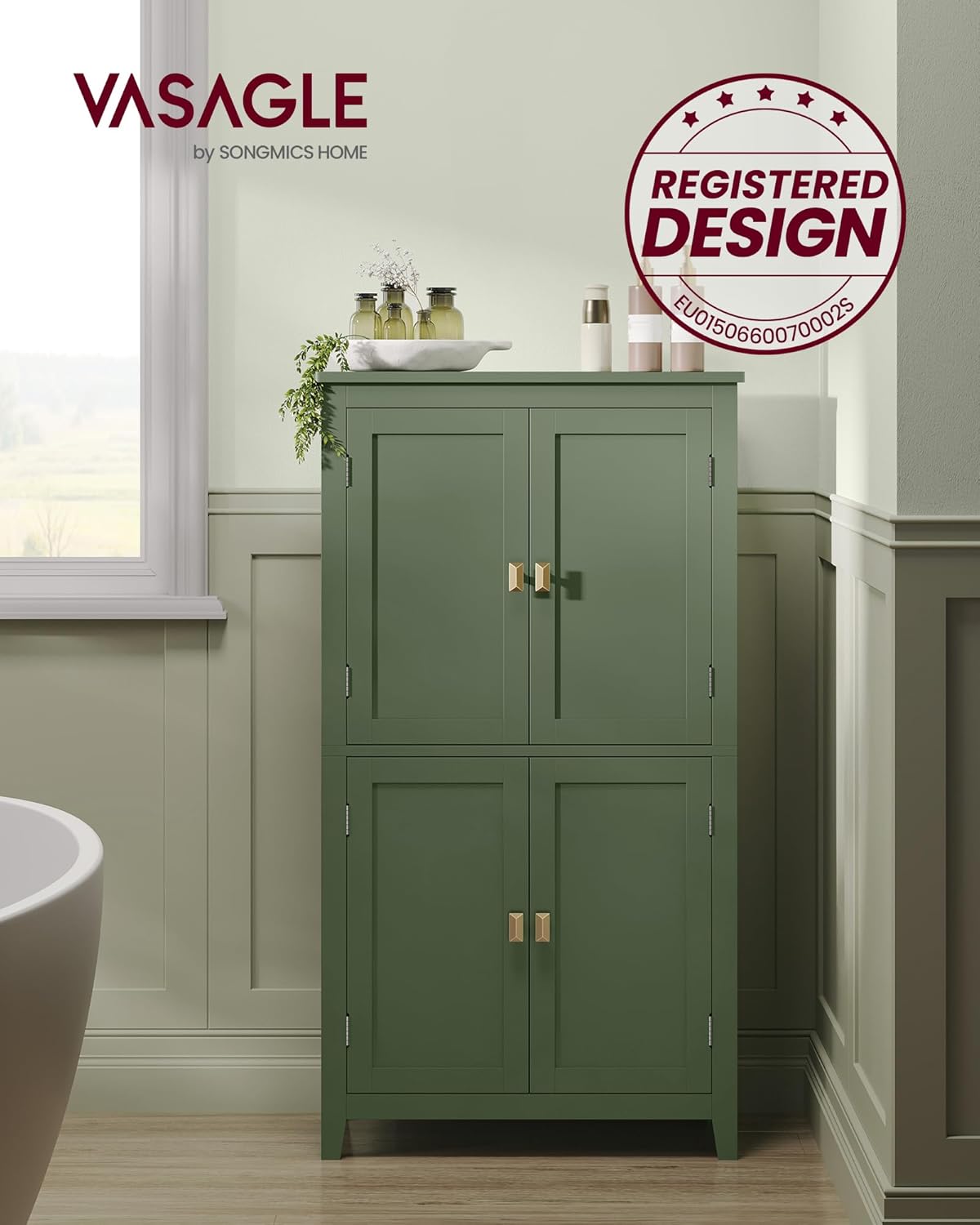 VASAGLE Mueble de Baño, Armario de Baño, Armario de Cocina, con 2 Puertas y 2 Cajones, Estantes Ajustables, 30 x 60 x 110 cm, Gris Paloma MBBC551G02