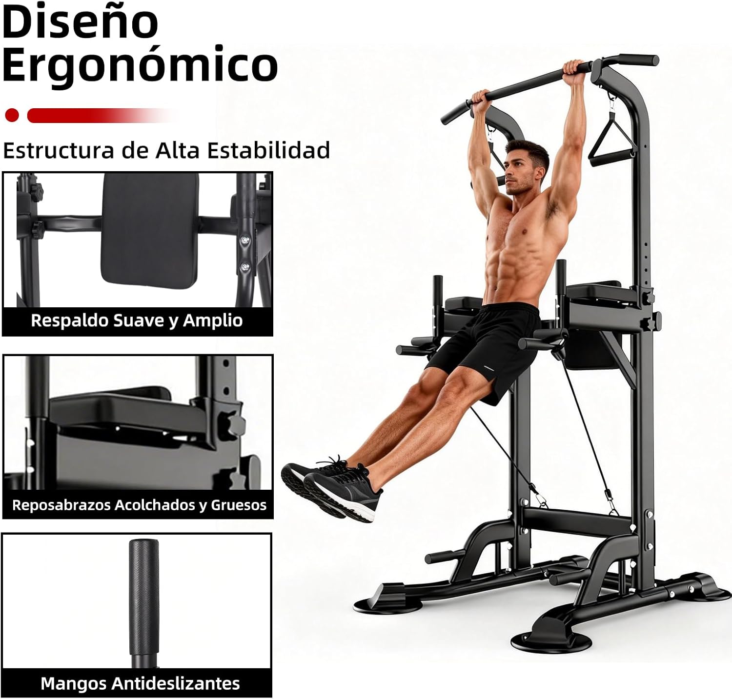 GOHOMKIC Barra para Dominadas, Gimnasio en Casa Estación de Dominadas Multifuncional, Barra de Dominadas de Altura Ajustable con Protector de Espalda y Almohadillas para los Codos