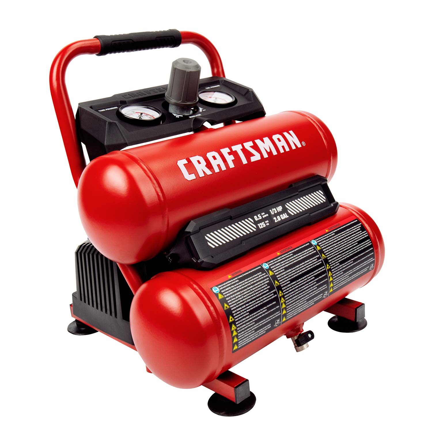 CRAFTSMAN Compresor de aire, compresor de aire portátil de 2 galones, tanque doble, 1/3 HP sin aceite, presión máxima de 125 PSI, modelo: CMXECXA0220242, rojo