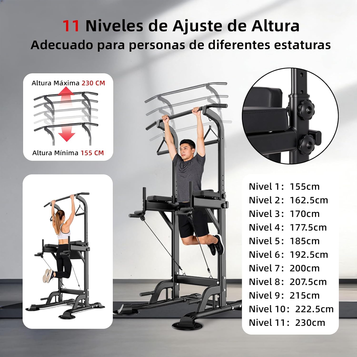 GOHOMKIC Barra para Dominadas, Gimnasio en Casa Estación de Dominadas Multifuncional, Barra de Dominadas de Altura Ajustable con Protector de Espalda y Almohadillas para los Codos