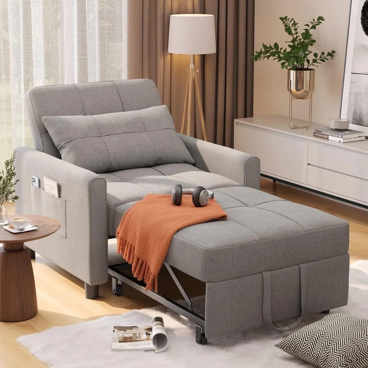 BRO A SIS Sillón Cama Individual Plegable 3 en 1, Sofá Cama Reclinable Convertible con Ruedas y Bolsillo, Silla Lounge de Lino para Sala Pequeña, Descanso para Visitas con Reposabrazos (Gris)