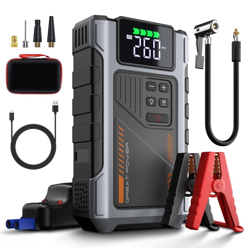 Arrancador de batería portátil para coche con compresor de aire, pico de 5000 A (para motores de gasolina de hasta 8.0 L y diésel de hasta 6.5 L), inflador de neumáticos de 150 PSI, batería de 15000 mAh y luz LED. Modelo W100.