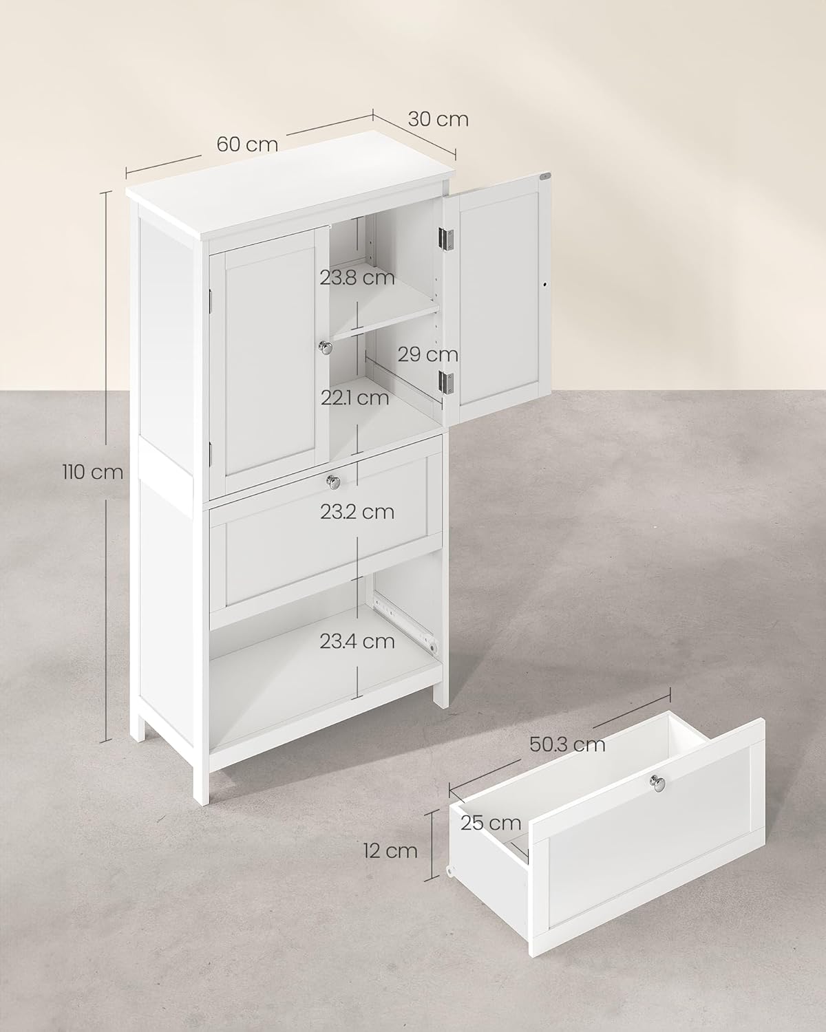 VASAGLE - Clóset de almacenamiento para piso de baño, mueble no empotrado, estantes ajustables con 2 cajones y dos puertas, 30 x 60 x 110 cm, blanco, UBBC551P31