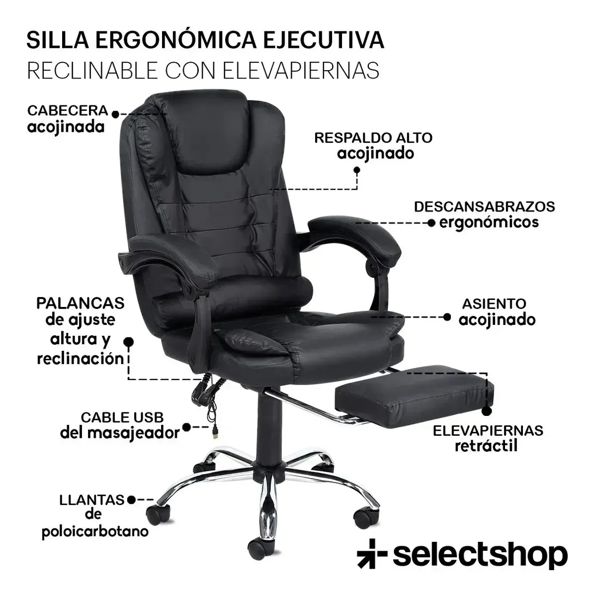 Silla Ejecutiva Con Masaje Secretarial Oficina Reposapiés Respaldo Reclinable Acojinada Giratoria Ergonómica Descansa Pies SelectShop Color Negro
