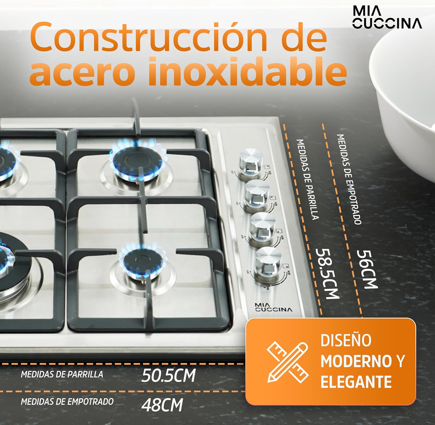 Parrilla de Gas - Estufa Empotrable - Natural o LP | Estufa 5 Quemadores - Ideal para tu Hogar | Parrilla de Gas 5 Quemadores de Acero Inoxidable | Perfecta para Cocina Integral | MIA CUCCINA 63x53