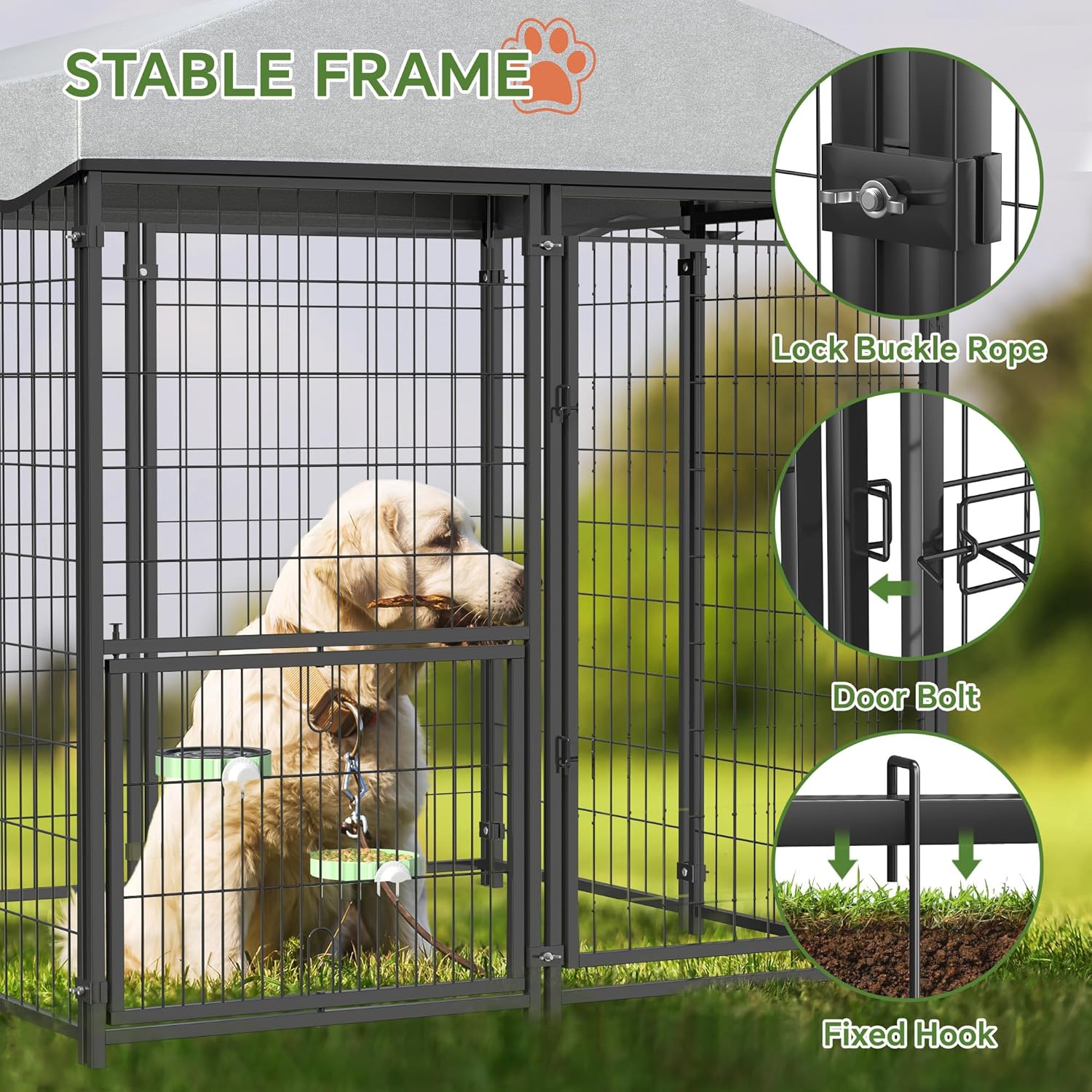 Mr Ironstone- Perrera grande para perros al aire libre con techo resistente al agua, perrera exterior resistente para perros, corral para mascotas, recinto para perros con comedero giratorio y cerradu