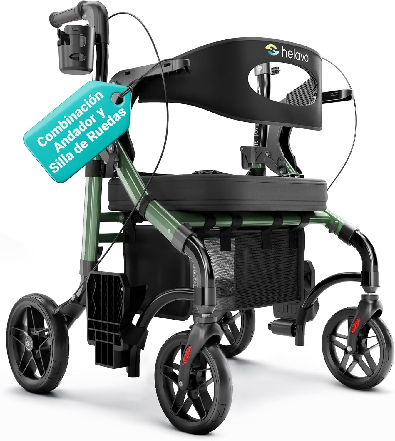 Helavo Andador 2 en 1 con Ruedas Todo Terreno de 10”, Silla de Ruedas Plegable Rollator Ligero con Función de Transporte, Altura Ajustable, Soporta hasta 136 kg