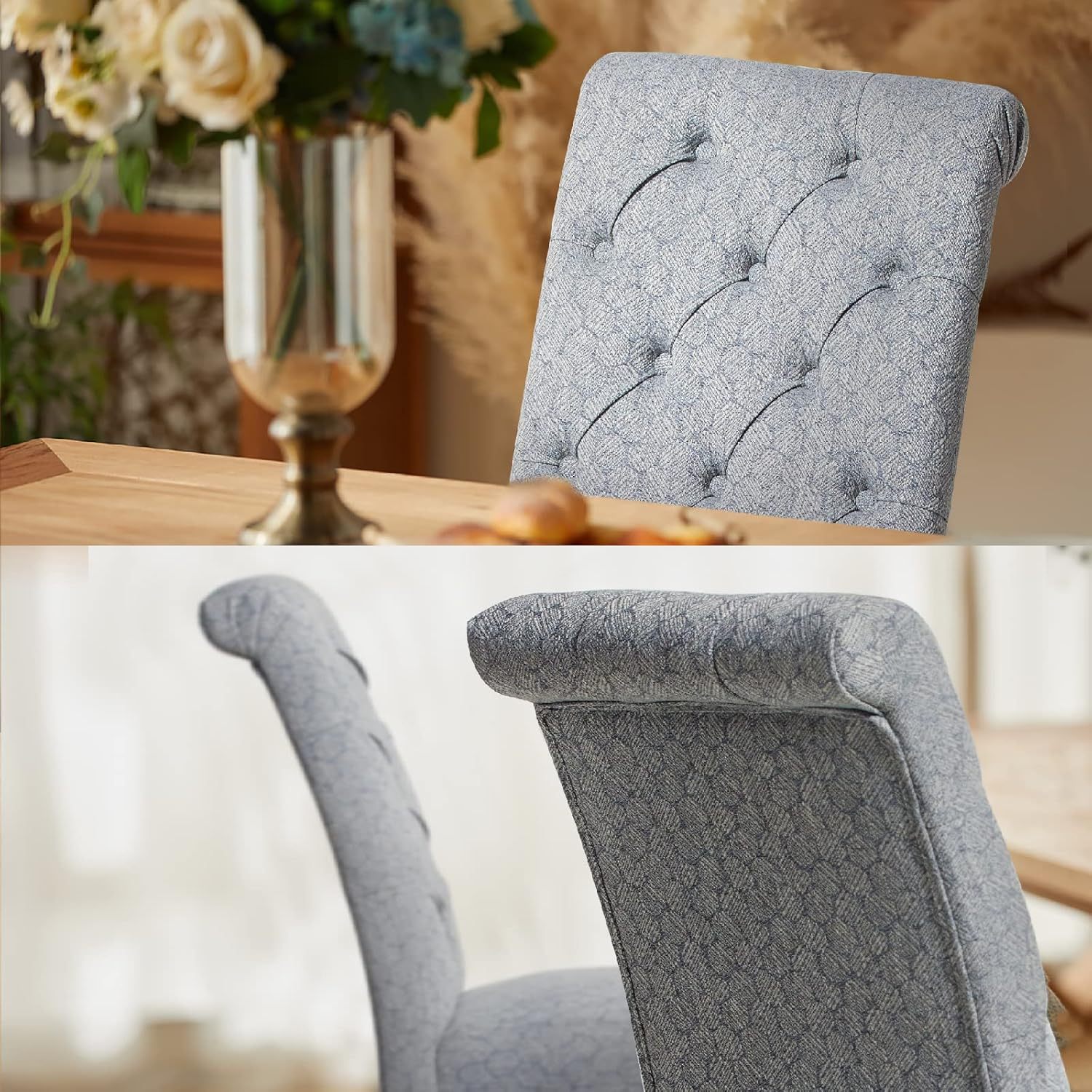 COLAMY - Juego de 6 sillas de Comedor con Botones y tapizadas, con Patas de Madera Maciza y Asiento Acolchado para Comedor, Cocina, Color Gris
