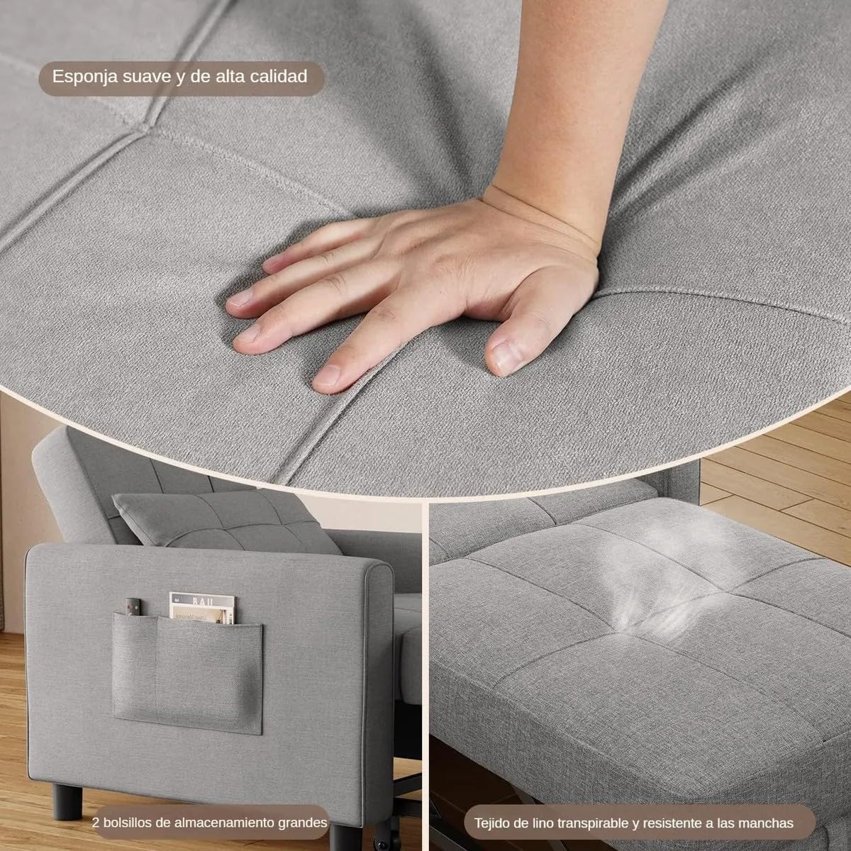 BRO A SIS Sillón Cama Individual Plegable 3 en 1, Sofá Cama Reclinable Convertible con Ruedas y Bolsillo, Silla Lounge de Lino para Sala Pequeña, Descanso para Visitas con Reposabrazos (Gris)