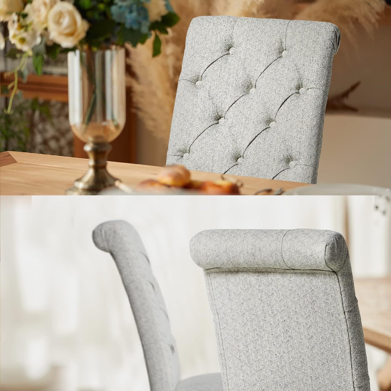 COLAMY - Juego de 6 sillas de Comedor con Botones y tapizadas, con Patas de Madera Maciza y Asiento Acolchado para Comedor, Cocina, Color Gris