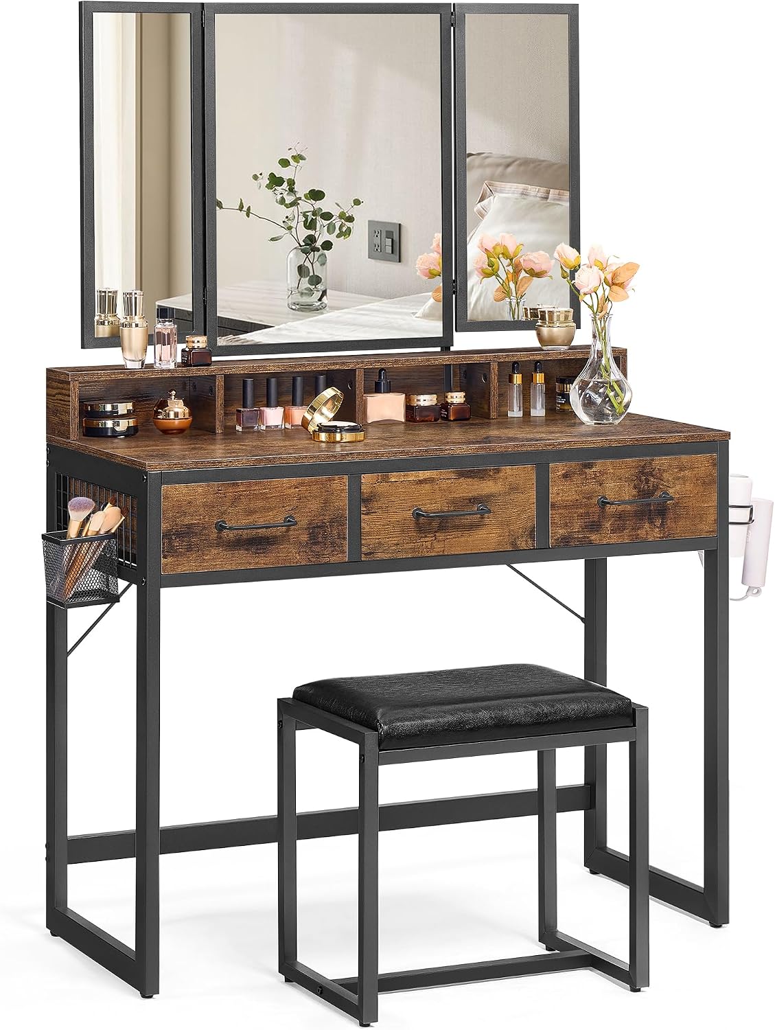 VASAGLE Tocador con Espejo y Taburete, Mesa de Maquillaje con Espejo Triple, 3 Cajones, Industrial, Marrón Rústico y Negro MRVT004B01V2