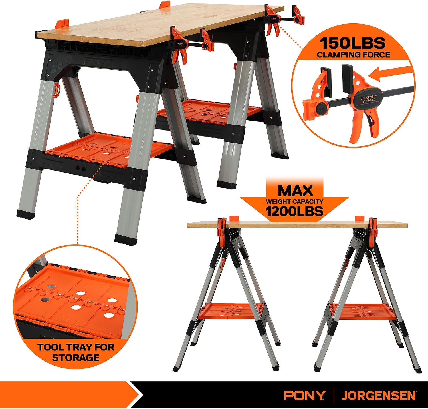 PONY Caballetes de Sujeción de 2 Unidades, Capacidad de Carga de 544 kg, Caballete Plegable de 78 cm con Sujeción de 30.4 cm, Perros de Banco, Abrazaderas de Ángulo, Abrazaderas de Resorte de 5 cm
