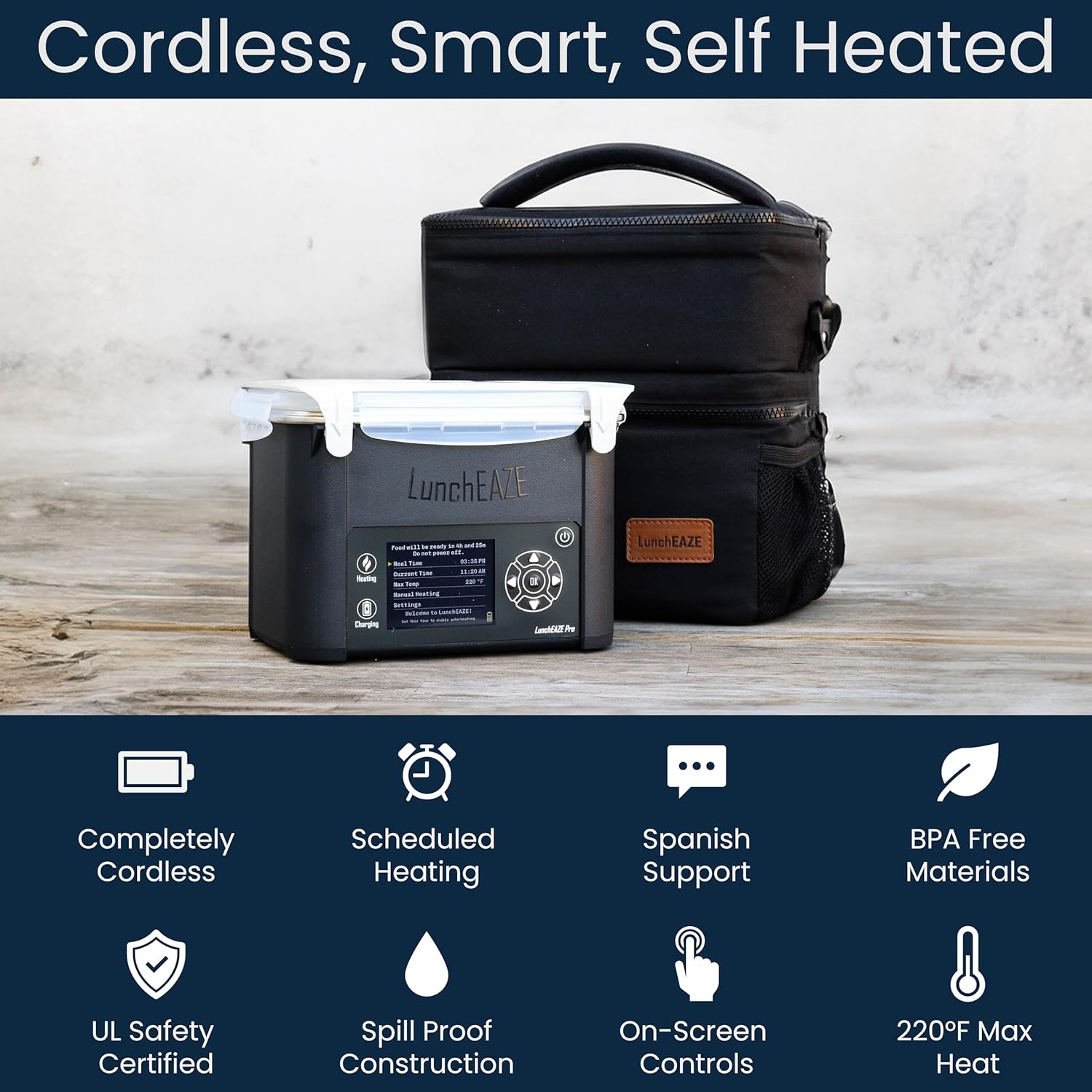 LunchEAZE Pro - Fiambrera térmica inalámbrica, alimentada con pilas, capacidad de 4 tazas, 250 °F máximo, calefacción programada automática, bolsa aislada incluida para comidas calientes en cualquier