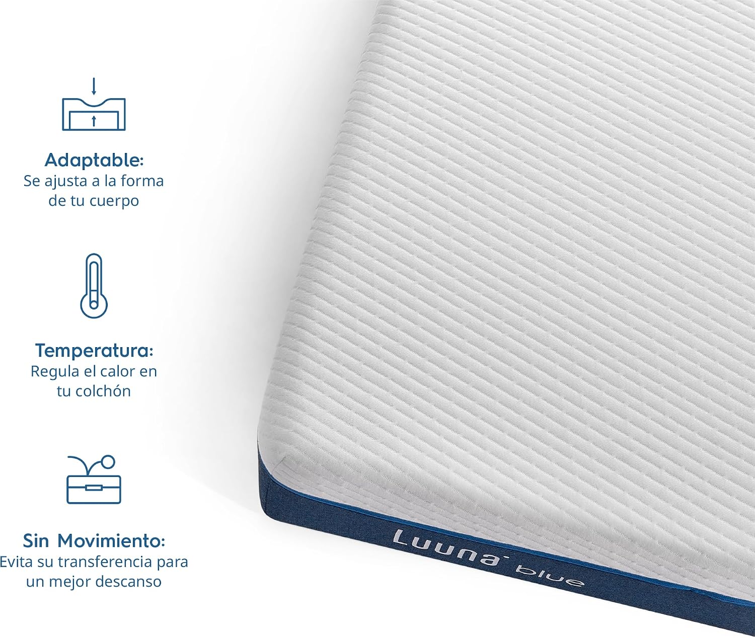 Colchón Luuna Blue + 1 base de cama + 2 almohadas ajustables de espuma viscoelástica