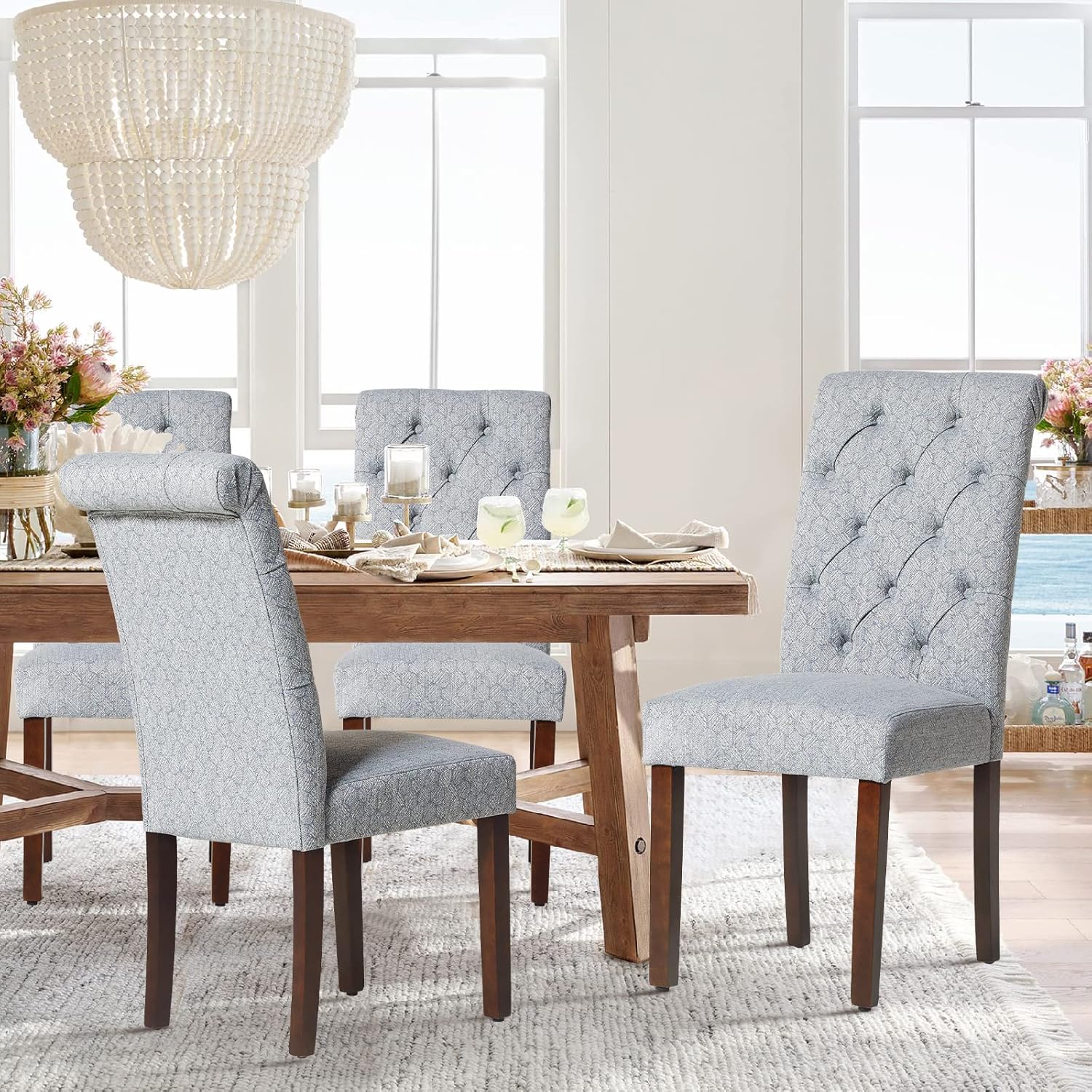 COLAMY - Juego de 6 sillas de Comedor con Botones y tapizadas, con Patas de Madera Maciza y Asiento Acolchado para Comedor, Cocina, Color Gris