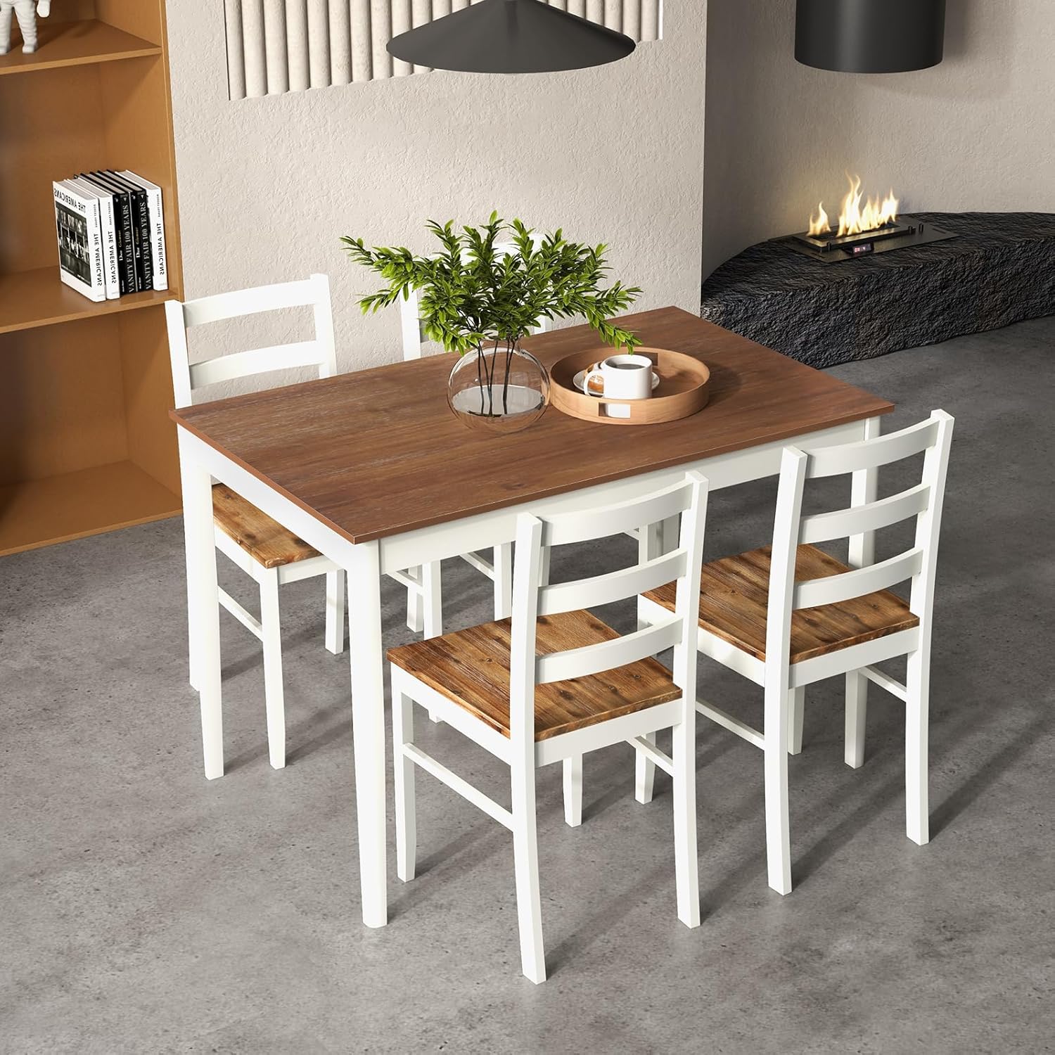 Giantex - Juego de mesa de comedor para 4, mesa rectangular de madera maciza y 4 sillas, juego de comedor de 5 piezas con patas de madera de goma, muebles de cocina que ahorran espacio para cocina,