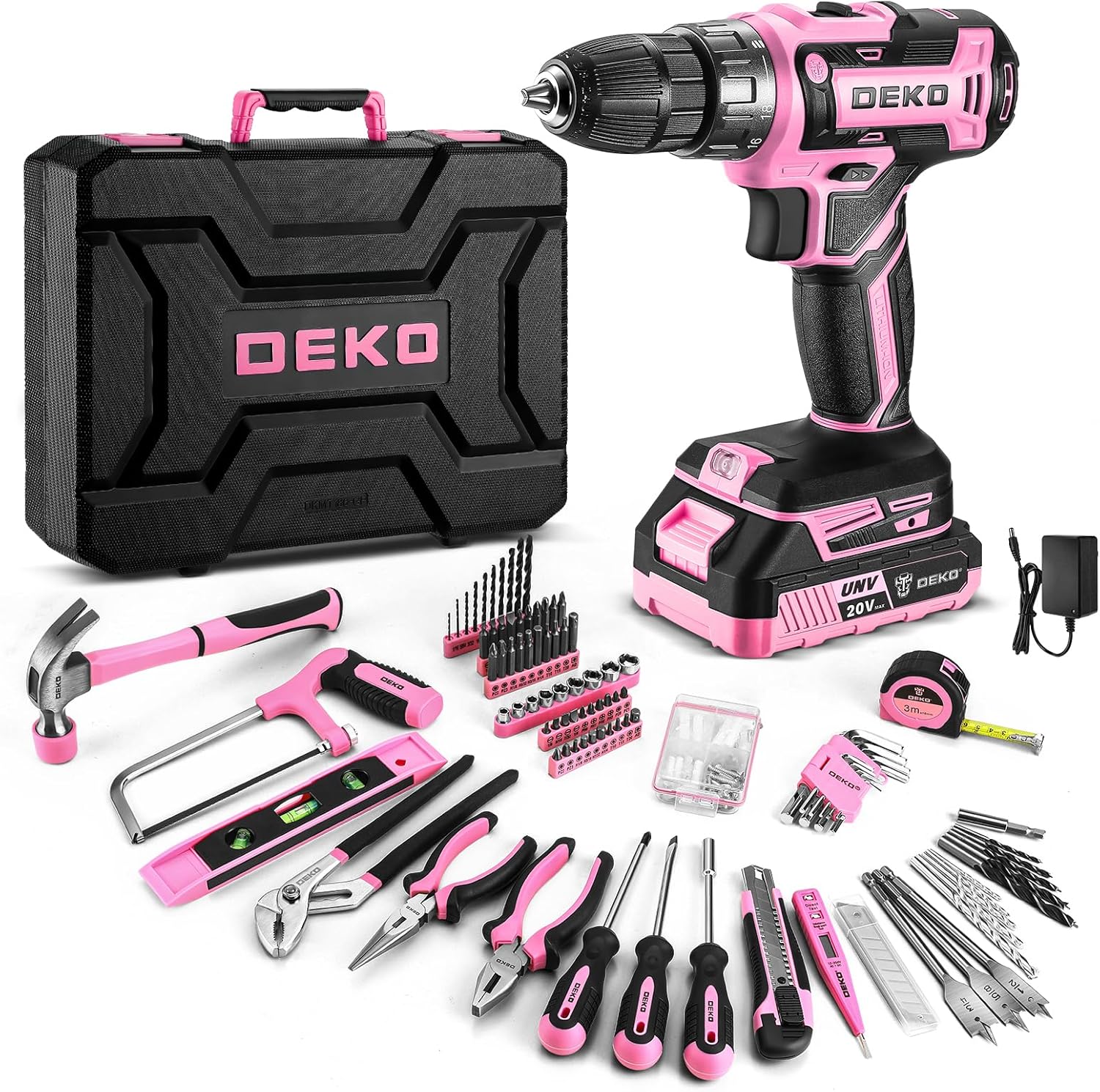 Juego de herramientas de taladro rosa: caja de herramientas de taladro eléctrico inalámbrico de 20 V con batería, taladro eléctrico para hombres, reparación de mano, caja de herramientas básicas