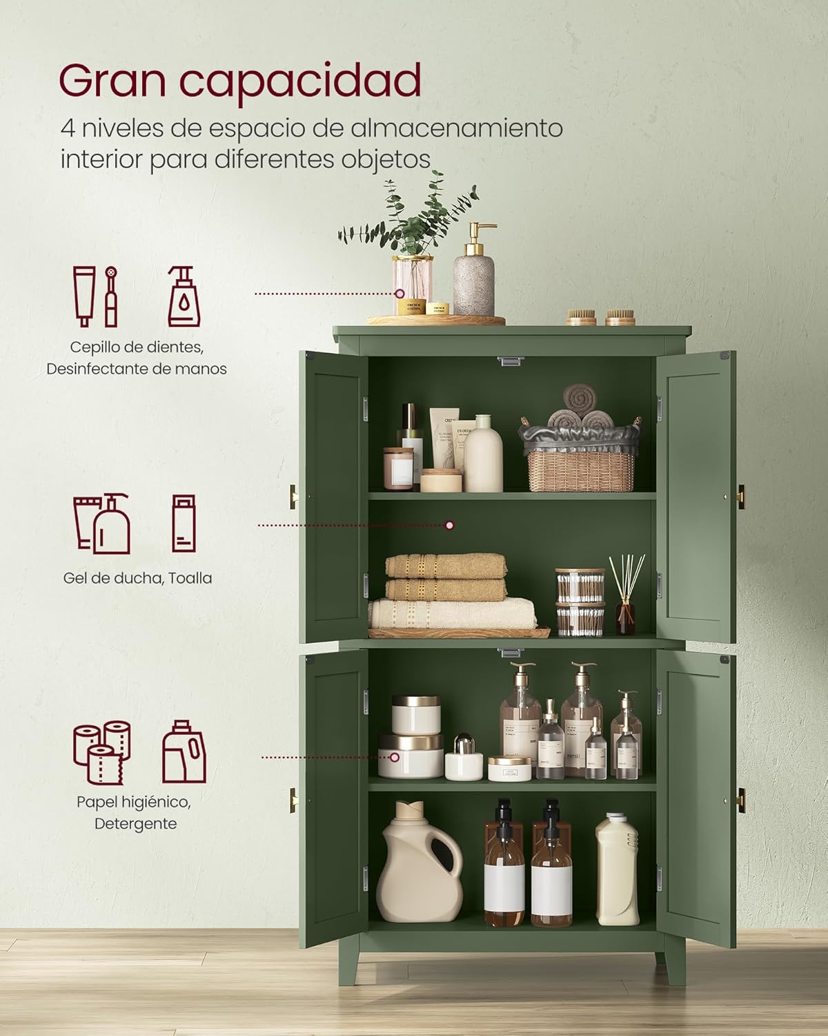 VASAGLE Mueble de Baño, Armario de Baño, Armario de Cocina, con 2 Puertas y 2 Cajones, Estantes Ajustables, 30 x 60 x 110 cm, Gris Paloma MBBC551G02