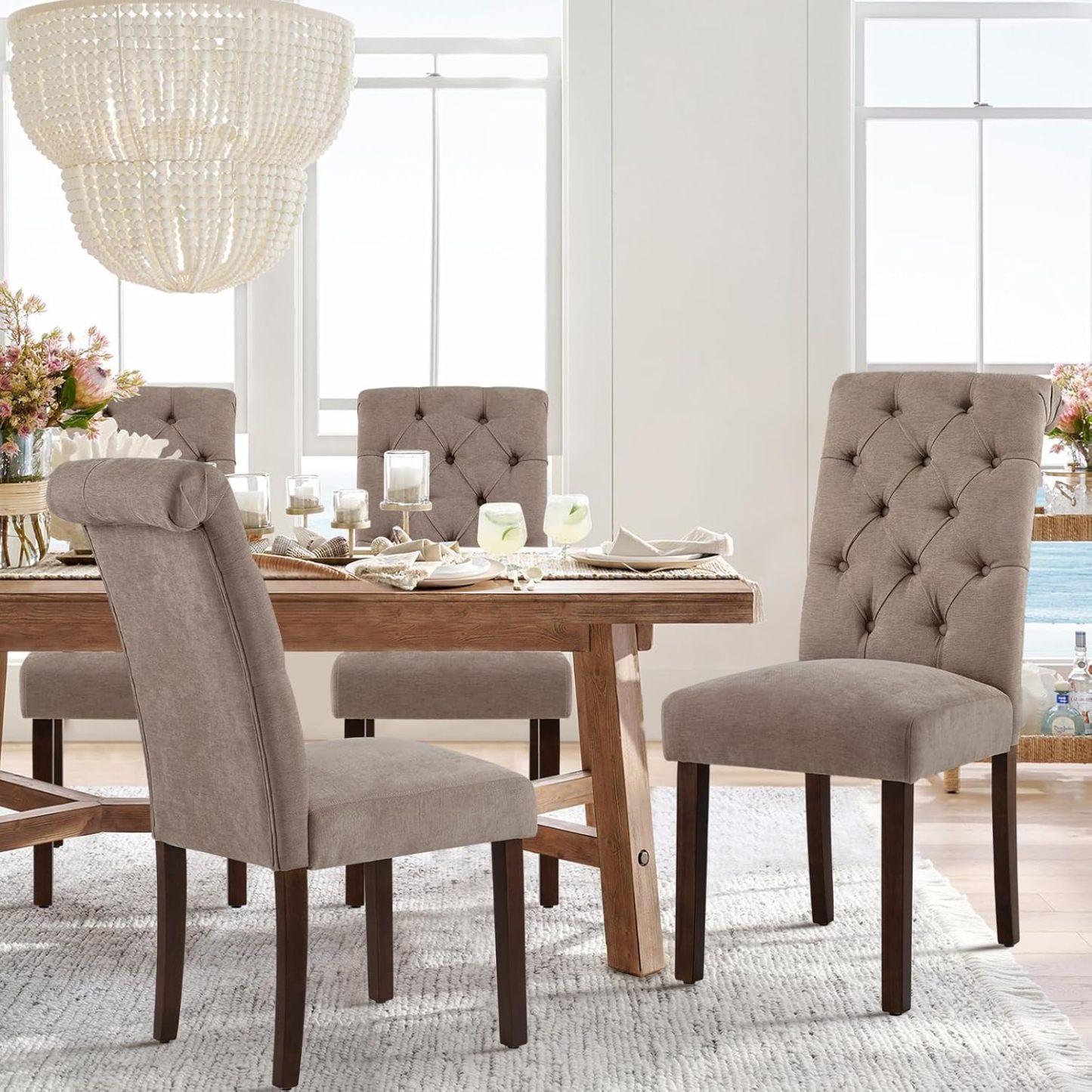 COLAMY - Juego de 6 sillas de Comedor con Botones y tapizadas, con Patas de Madera Maciza y Asiento Acolchado para Comedor, Cocina, Color Gris