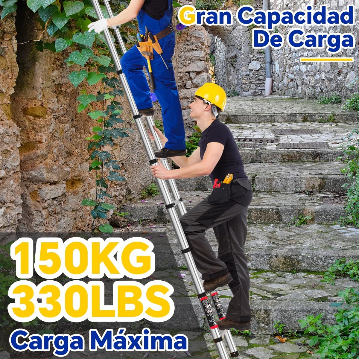 Bowoshen Escalera Telescópica De 6.2 Metros Escalera De Aluminio Segura Y Protegida Antideslizante Multiusos Escalera Extensible 20.5 Pies, 330 Libras Capacidad
