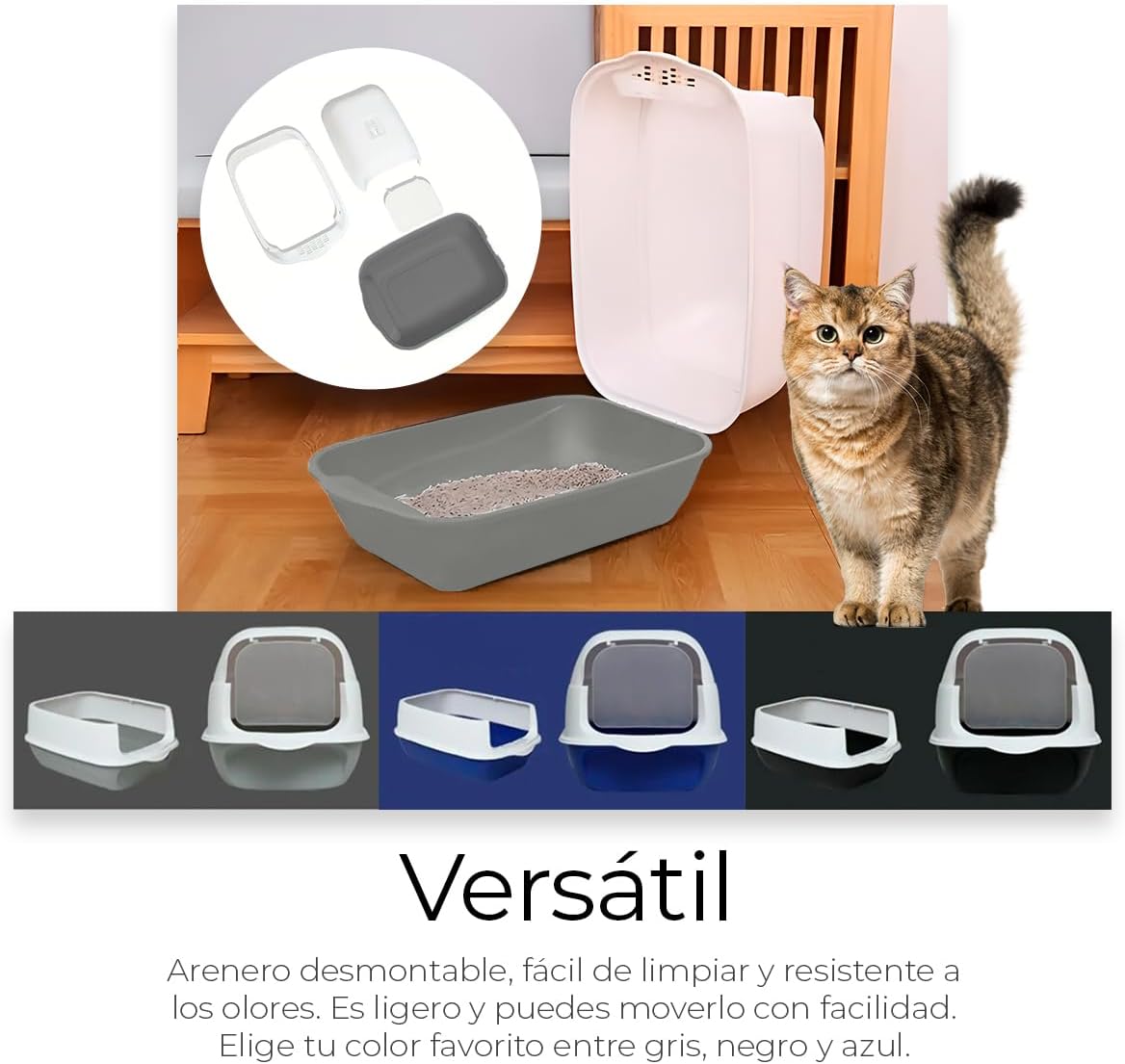 Raganet, Arenero/Inodoro para Gato Cerrado de 50cm X 35cm X 33cm, Caja de Arena para Gatos con Tapa y Puerta Abatible, Antiolores, Facil de Limpiar, Incluye Pala (Gris)