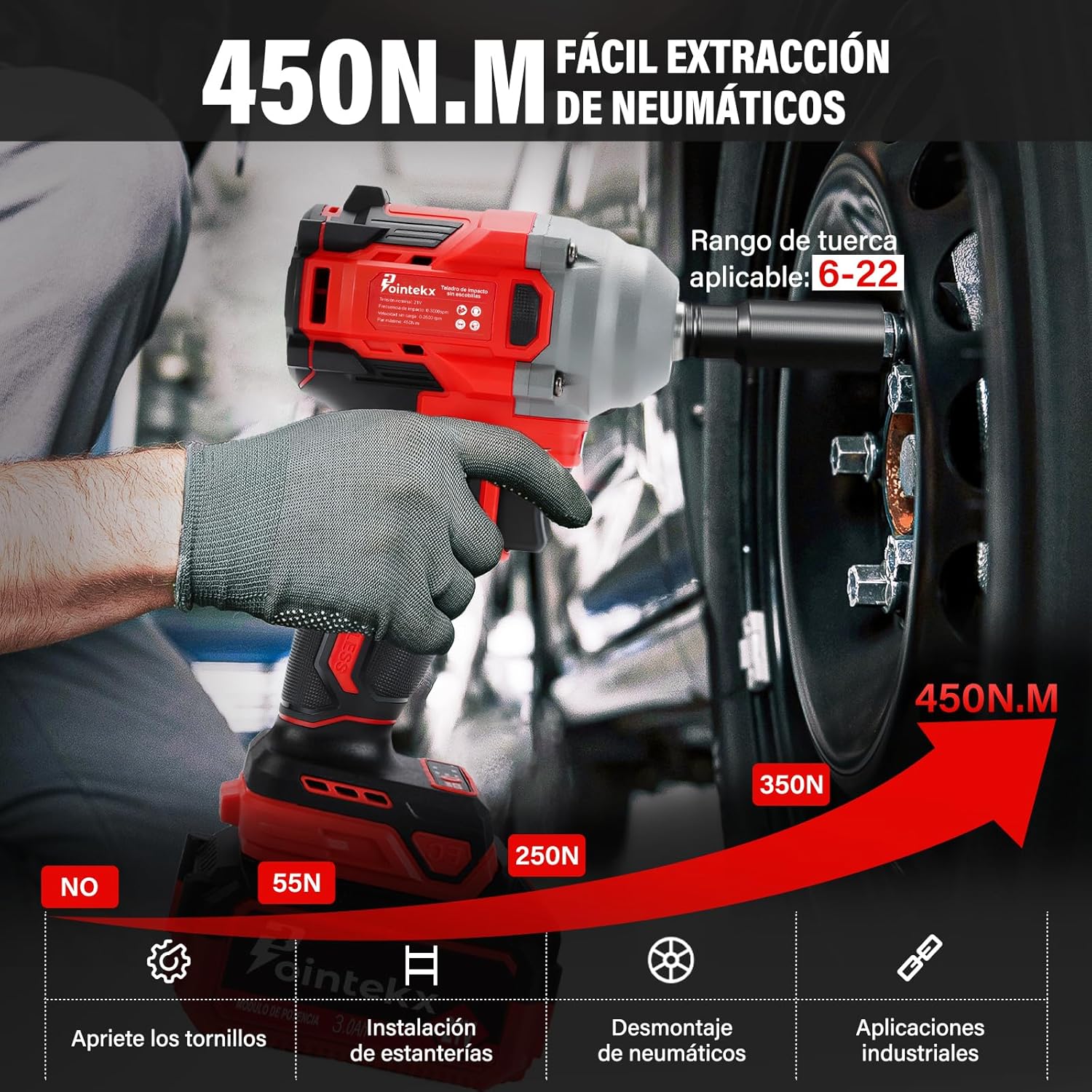 POINTEKX Pistola de Impacto 1/2" Inalambrica, 450N.M Llave de Impacto con Motor sin Escobillas, 2 * 3.0Ah Baterías Taladro de Impacto para Tornillos M6-M14, para Bricolaje y Reparación de Autos